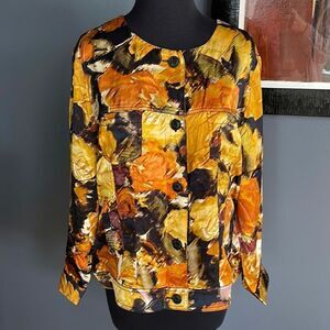 Pendleton 100% silk floral print button front/cuff jean jacket style top. Large
